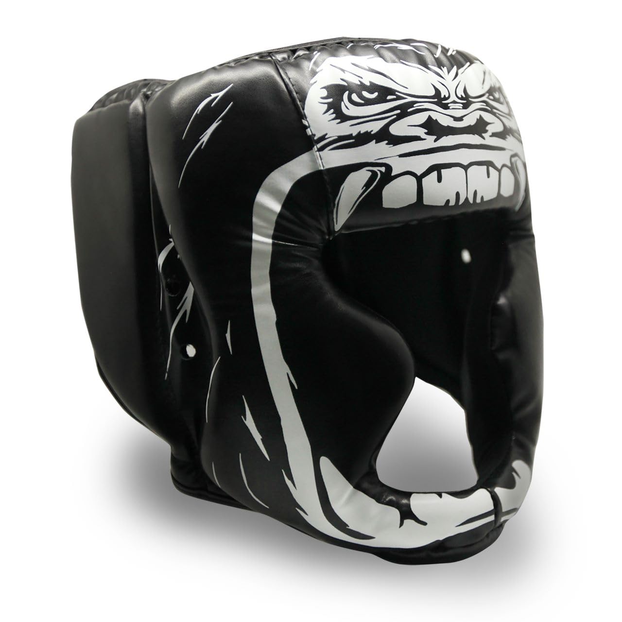 Trained headgear front view showing full-face coverage and secure fit benefits