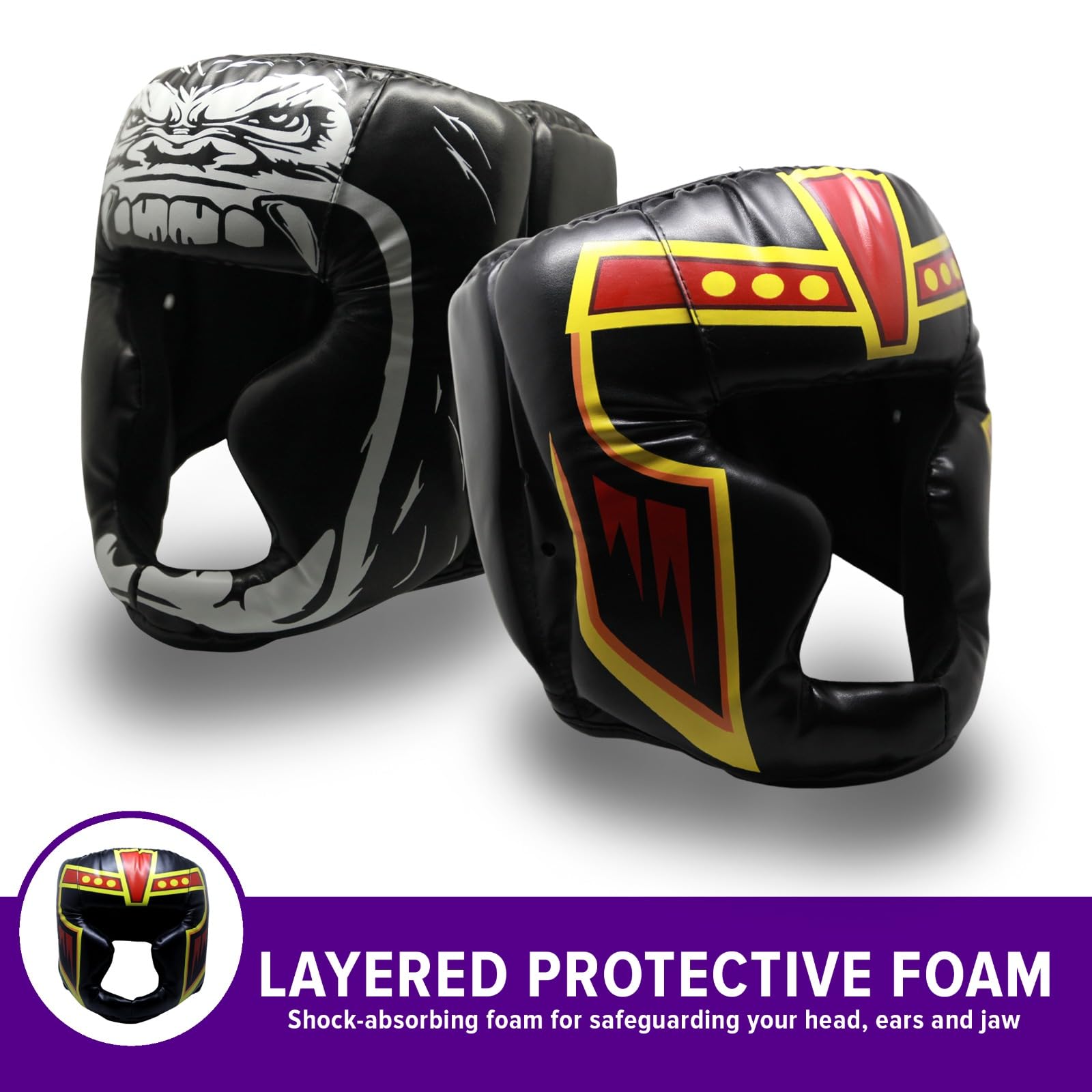 Trained headgear side profile illustrating cheek and chin protection benefit