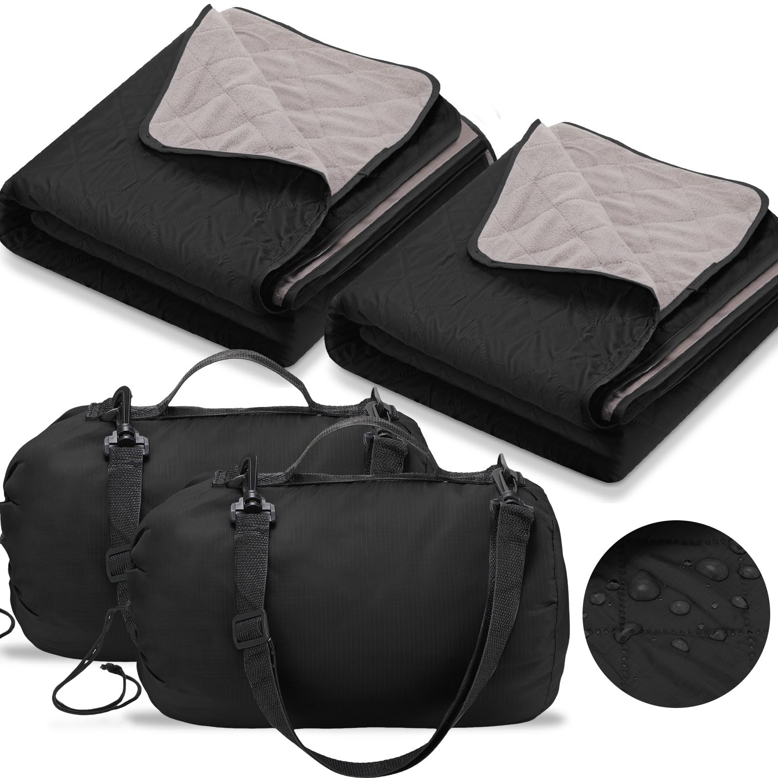 Tranqun front view showing two black waterproof blankets, ready to share