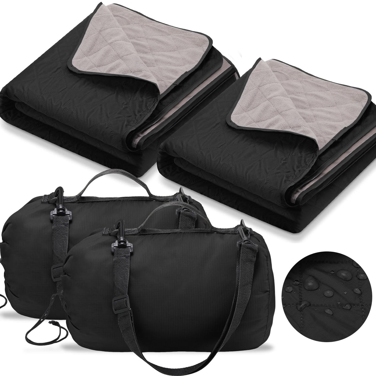 Tranqun front view showing two black waterproof blankets, ready to share