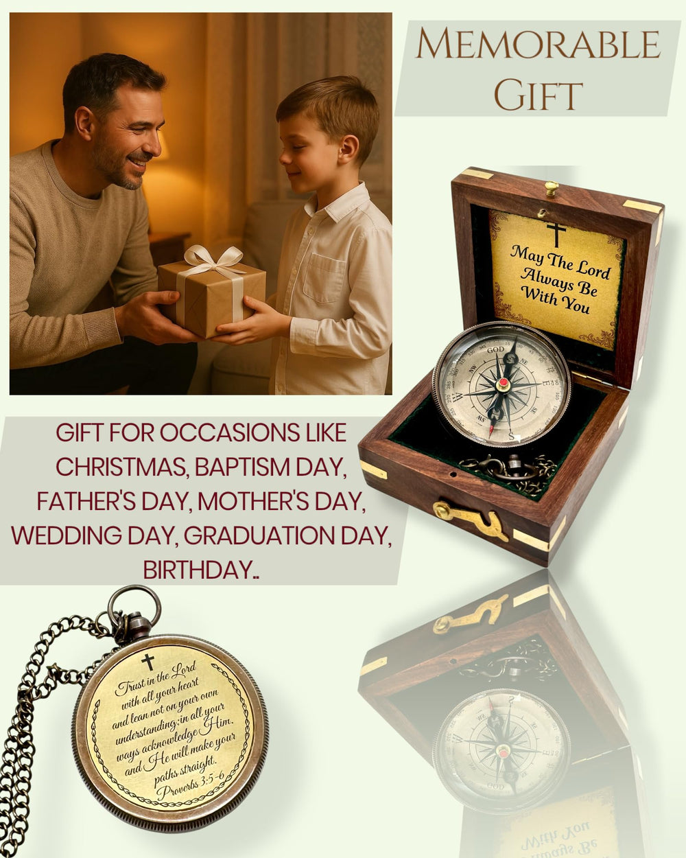 Treasure Lords compass sitting inside the wooden box showing secure clasp and elegant gift-ready look