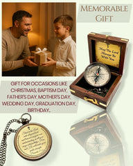 Treasure Lords compass sitting inside the wooden box showing secure clasp and elegant gift-ready look