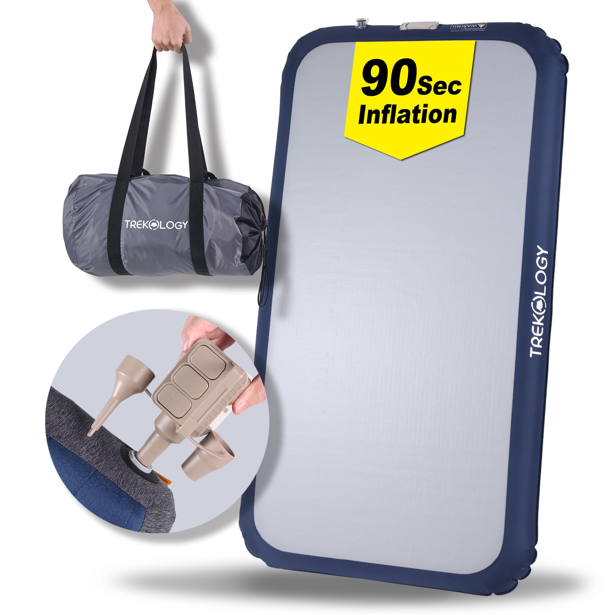 TREKOLOGY front view of packed twin mattress showing portability and quick setup