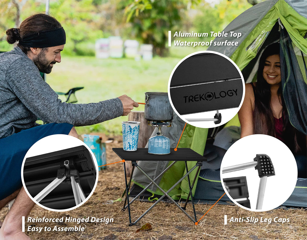 TREKOLOGY small table in beach scene holding snacks and drinks for convenience