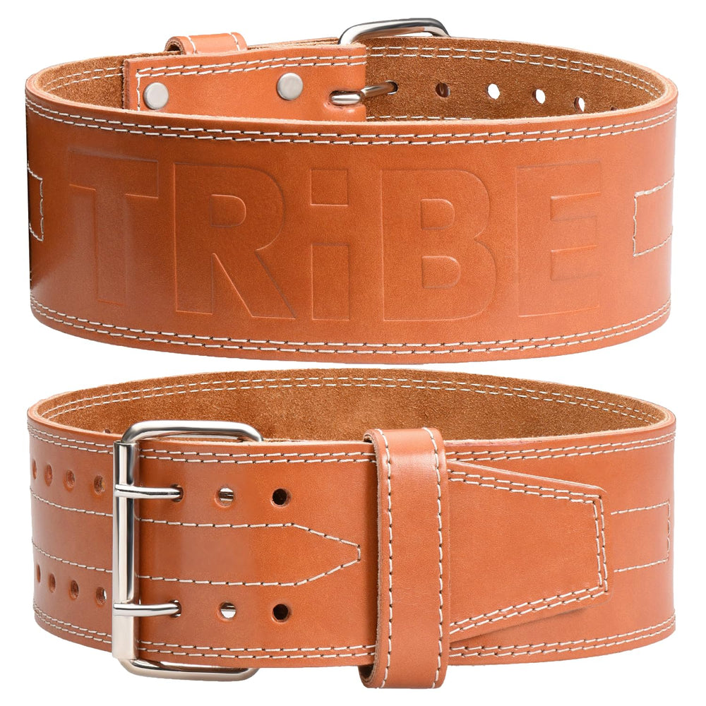 Tribe Lifting front view of 5mm leather belt showing full 10cm support for squats
