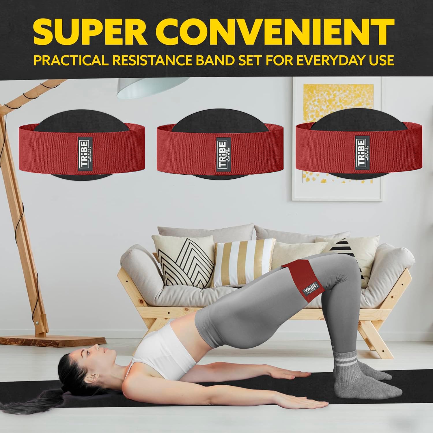 Tribe Lifting band used in a home gym setting illustrating easy at-home lower-body training