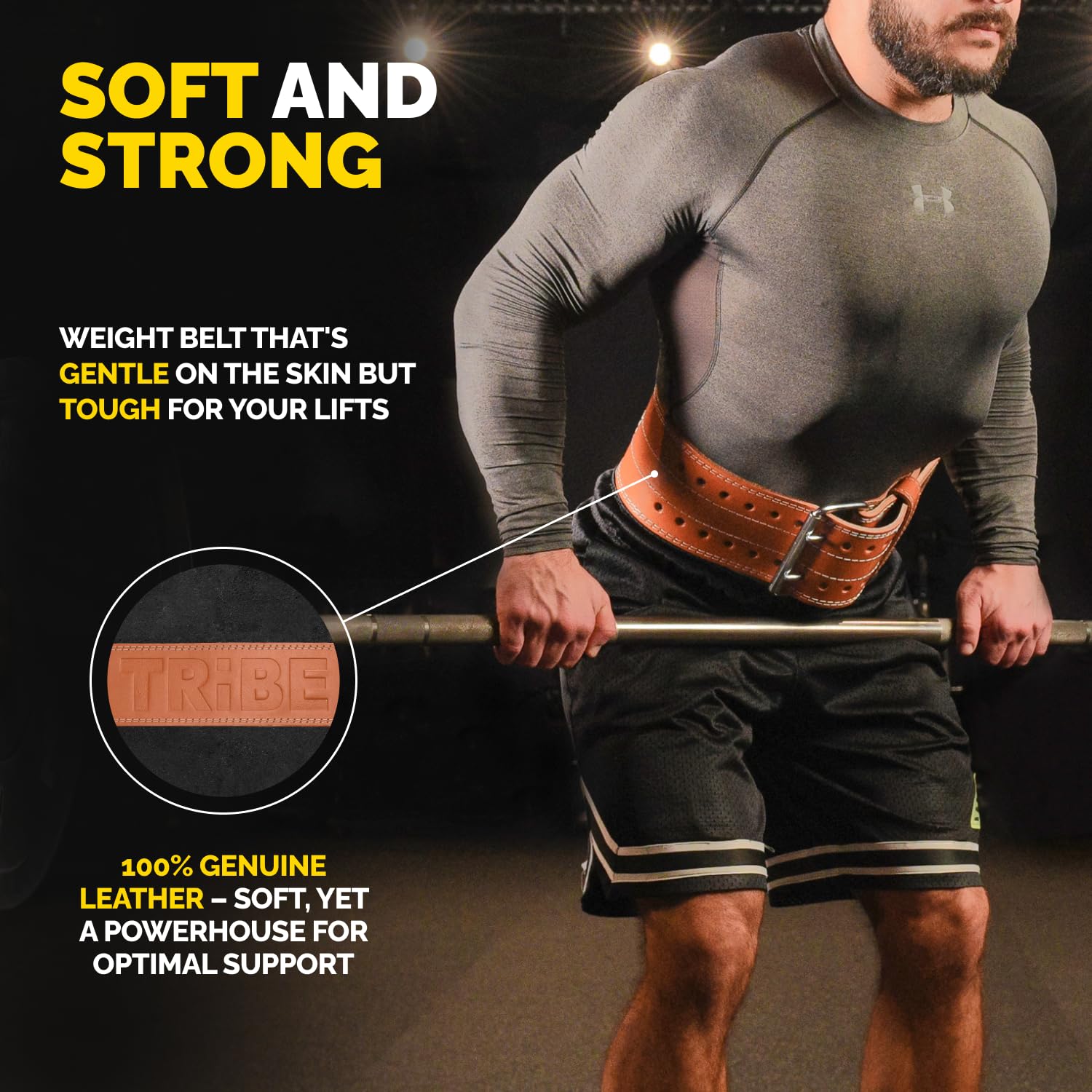 Tribe Lifting belt width and thickness next to ruler showing 10cm and 5mm