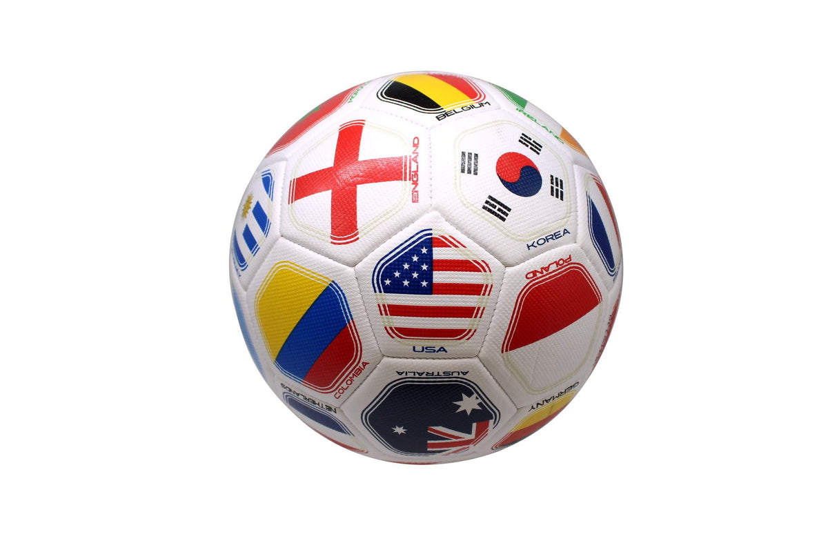 Tripact Inc soccer ball front view showing world flag design and durable PVC benefit