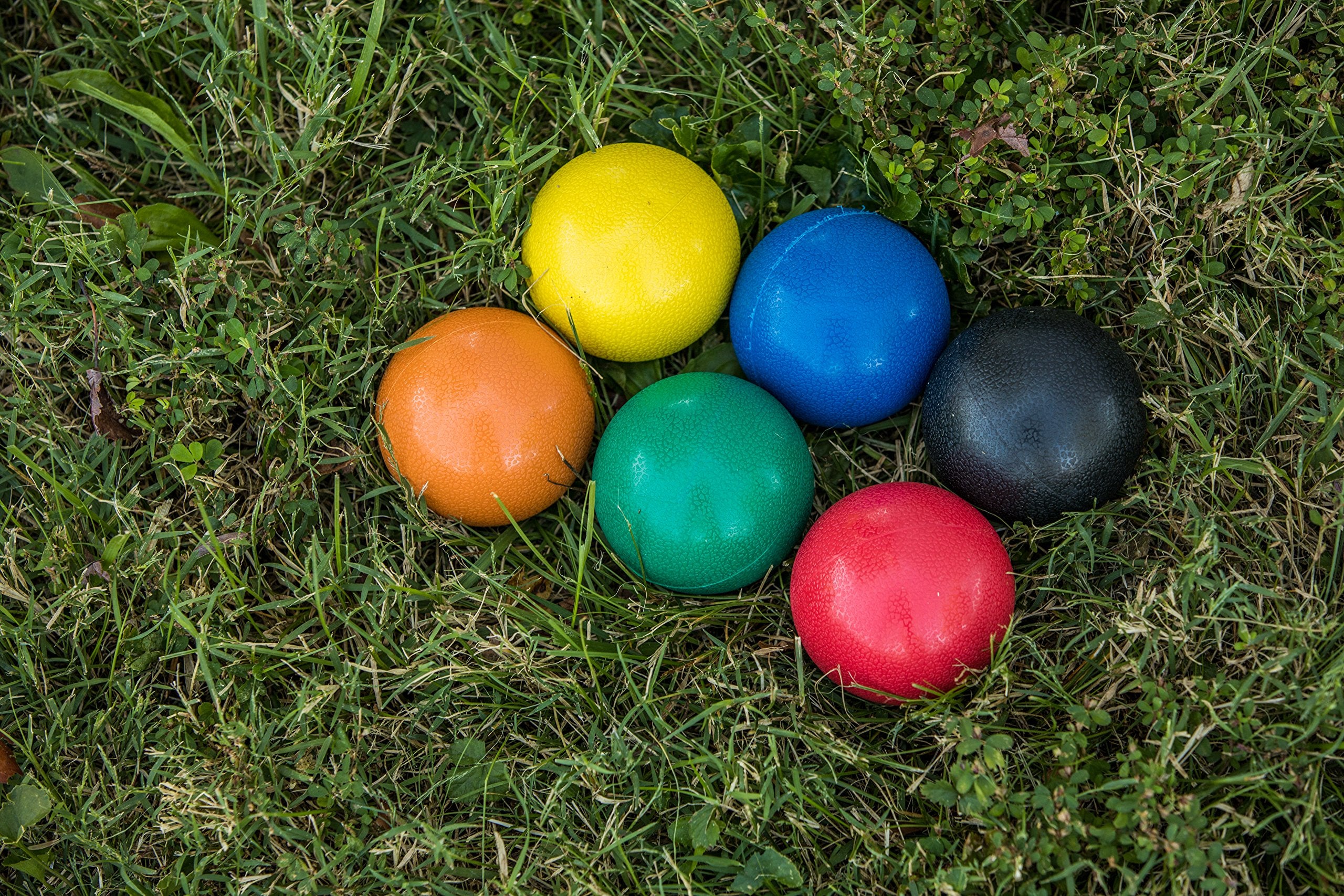 Triumph Sports six 70mm croquet balls displayed for clear color identification and consistent roll