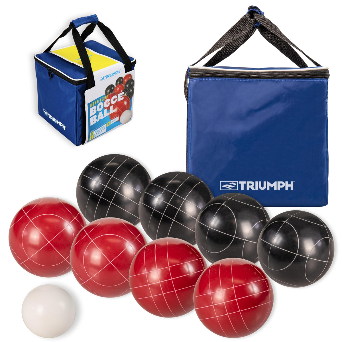 Triumph Sports front view of bocce set showing kit and bag for easy transport