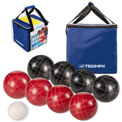 Triumph Sports front view of bocce set showing kit and bag for easy transport