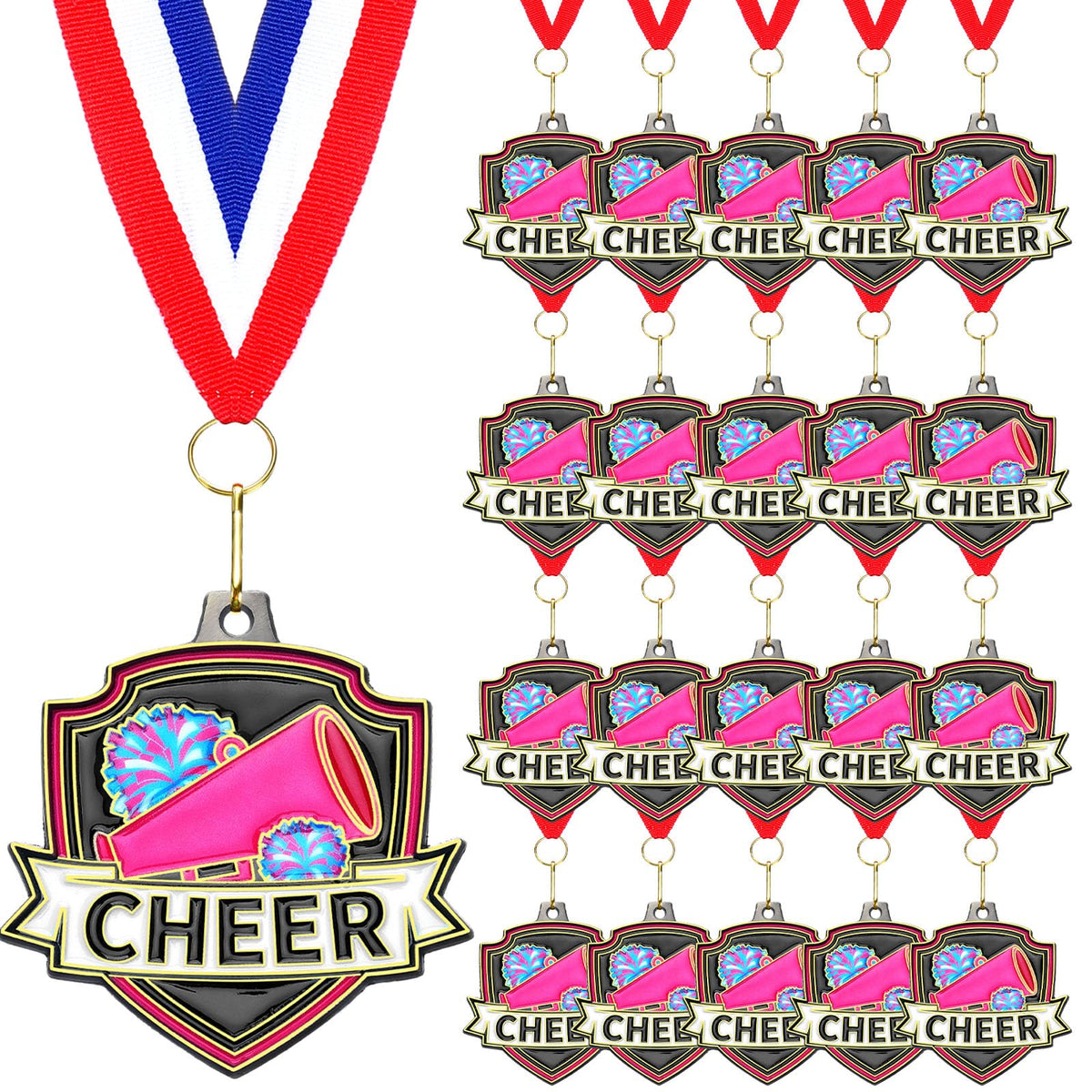 Trnayi front view medal showing shield design and bright cheer graphic benefit recognition