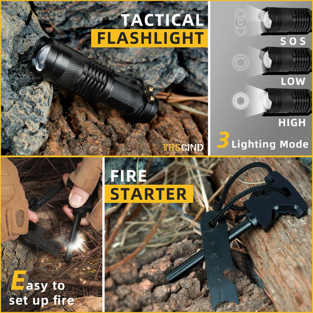 TRSCIND open case layout displaying organized 14-in-1 survival tools for quick access