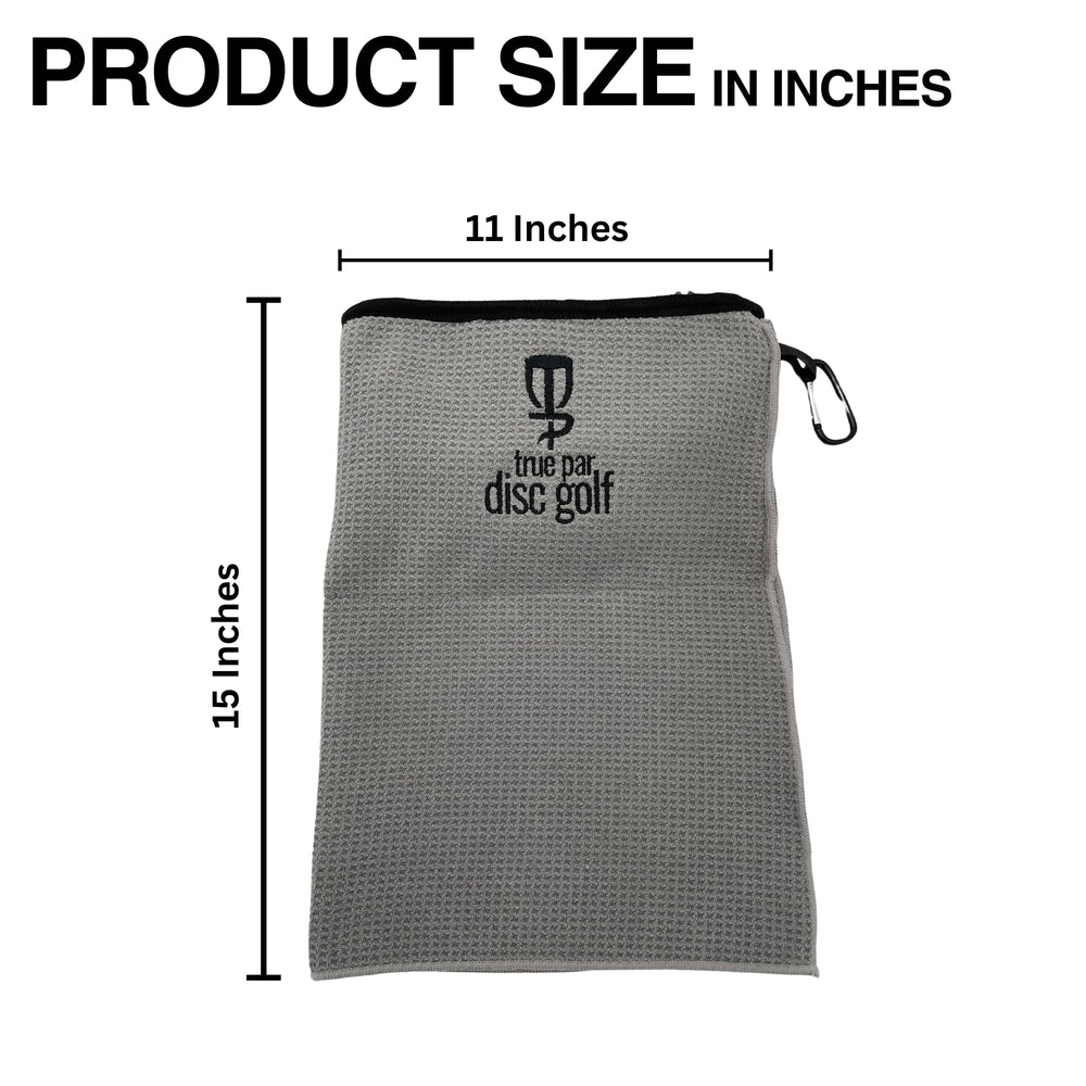 True Par towel clipped to disc golf bag for fast reach between throws