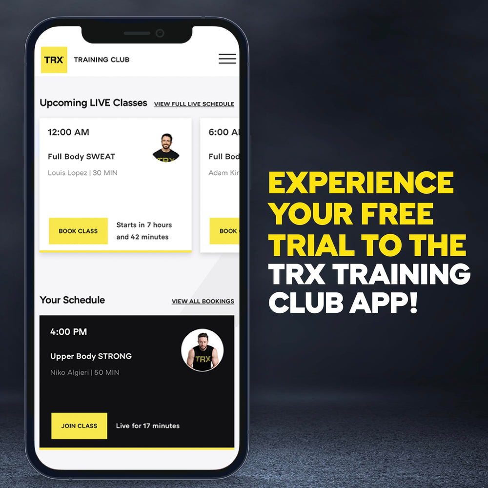 TRX RIP Trainer app guided workout screen showing TRX Training Club coaching benefits