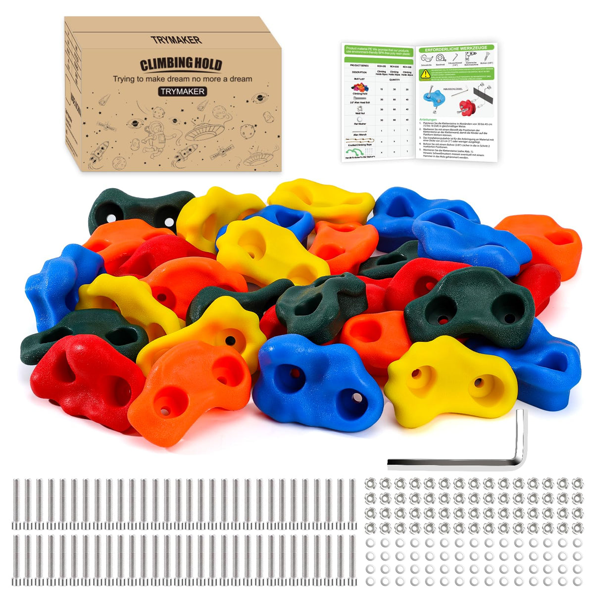 Trymaker front packaging showing 30PCS small holds and included hardware for easy setup