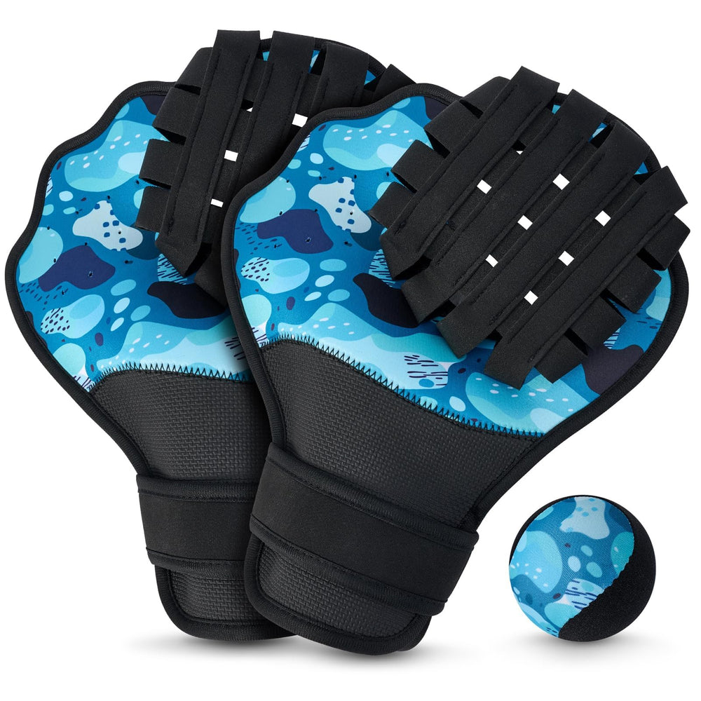 TTQ front view of gloves and ball showing set ready to play