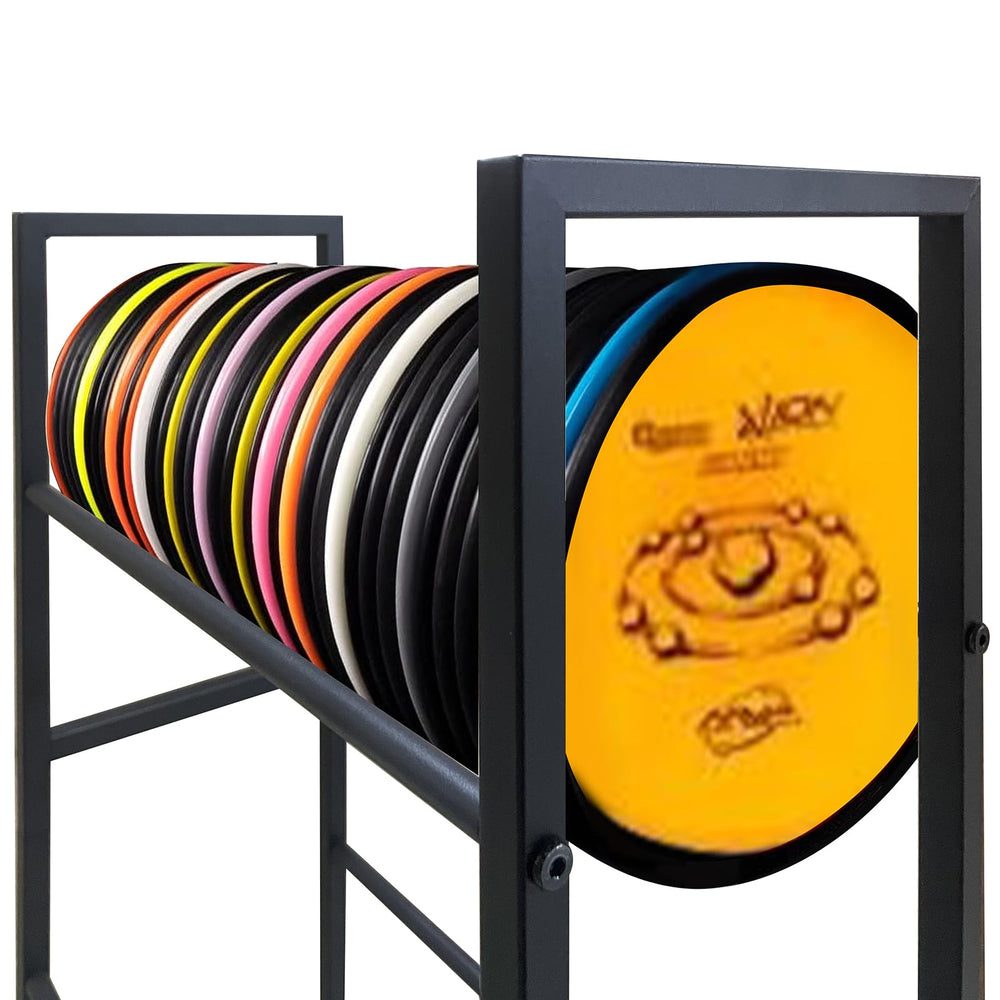 TTzycc rack in garage setting displaying organized discs and clean presentation