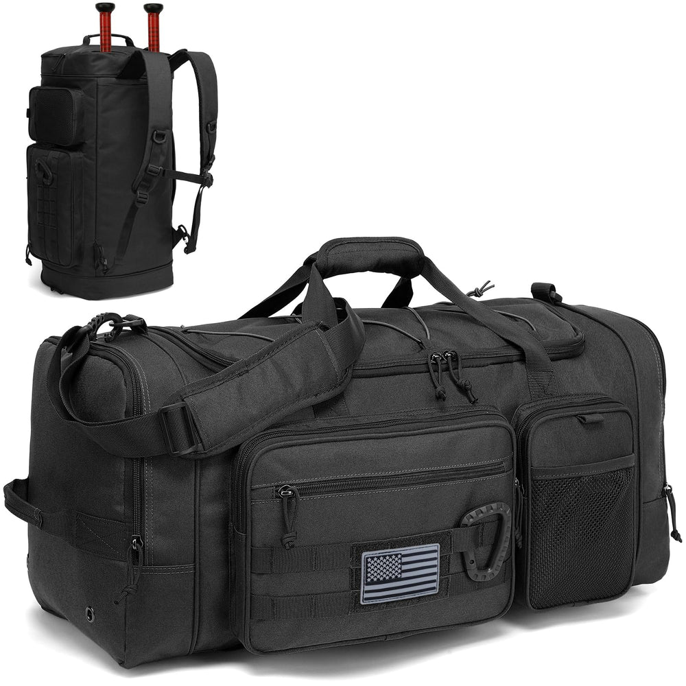 TUGUAN front view showing full duffel capacity and organized pockets benefit quick packing