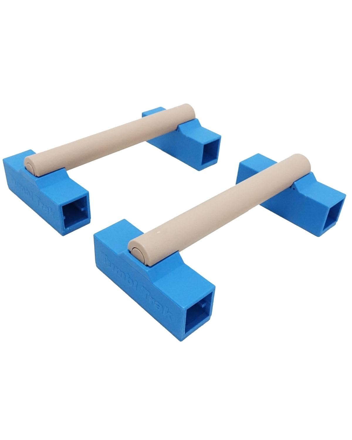 Tumbl Trak front view of blue portable parallettes showing compact design and portability
