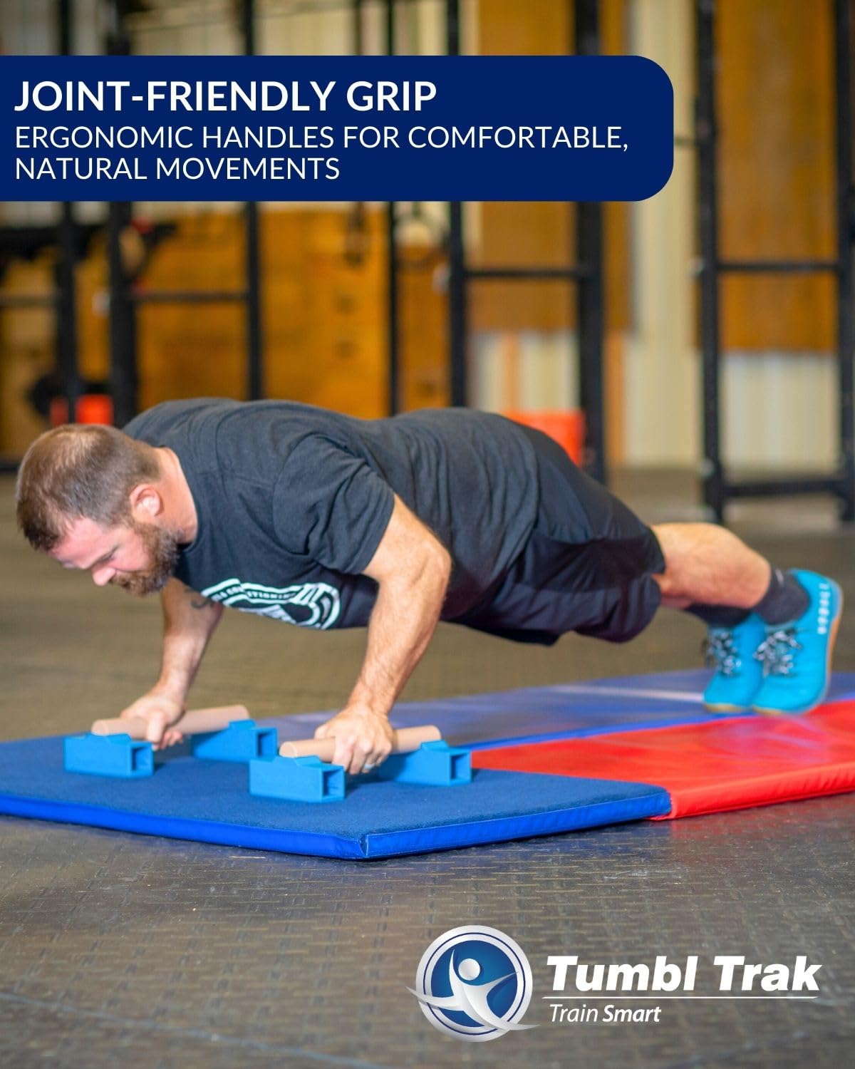 Tumbl Trak portable parallettes packed inside a travel bag for easy transport