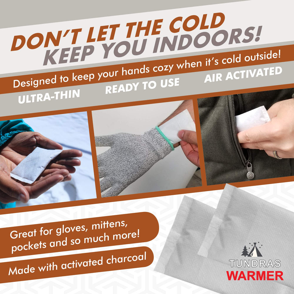 Tundras warmers placed inside gloves demonstrating comfortable hand warmth