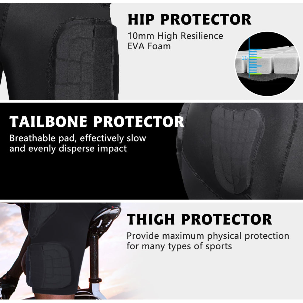 TUOYR rear protection layout highlighting hip, thigh, butt and tailbone pads
