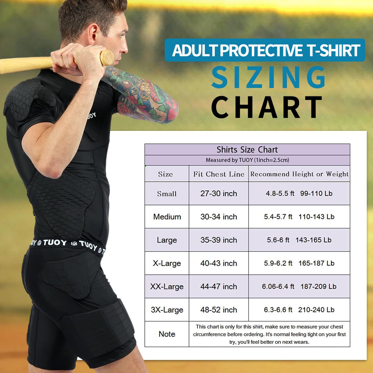 TUOYR laid flat with size chart showing scale and fit guidance benefit