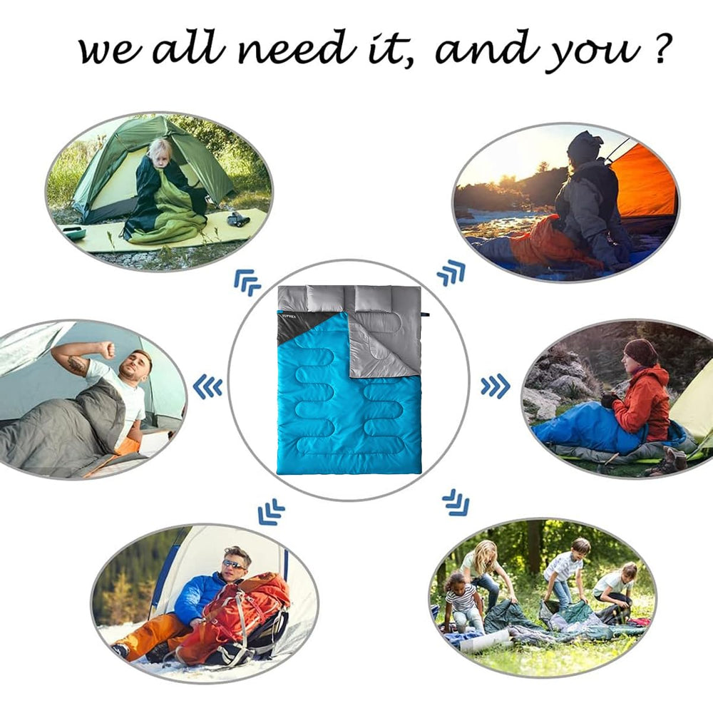 tuphen camping lifestyle image of two people using the double bag at a campsite for shared warmth