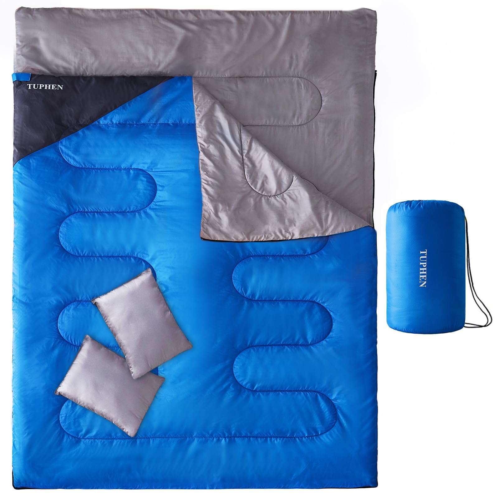 tuphen double sleeping bag front view shows roomy queen XL fit and comfort
