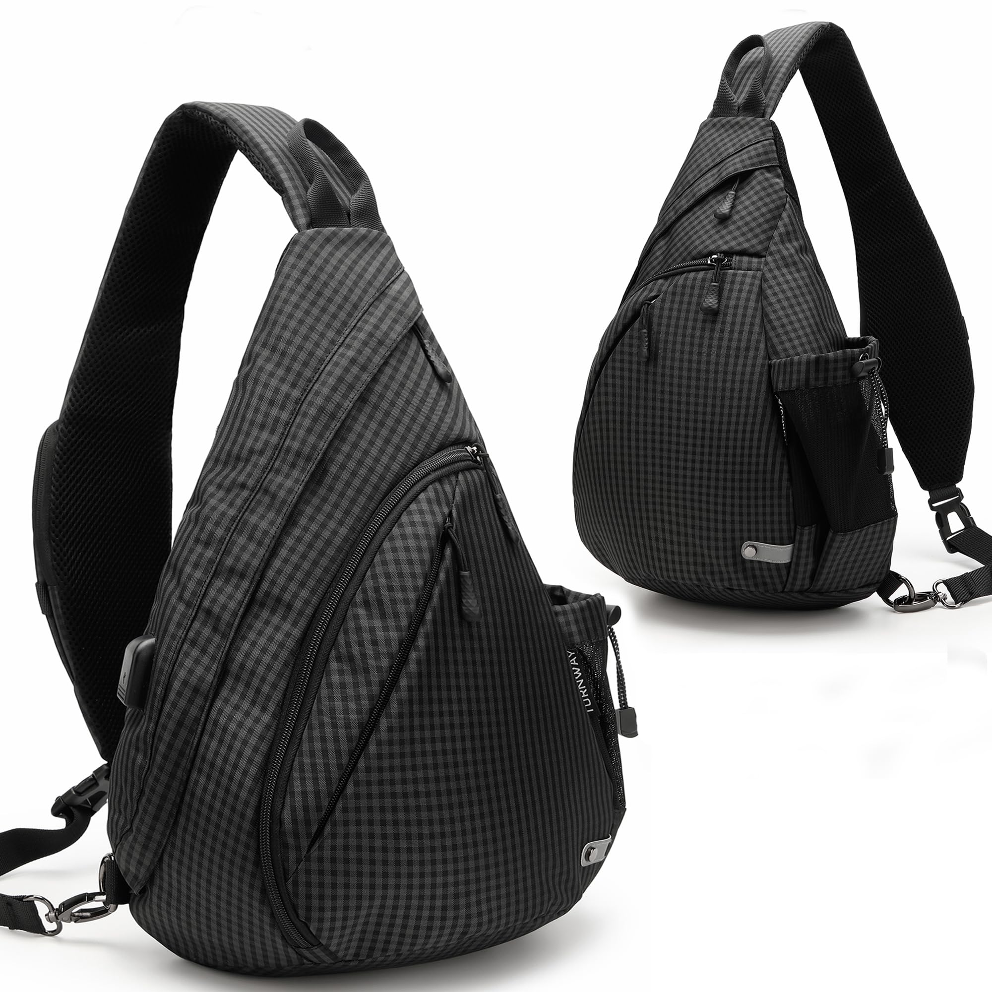 TurnWay front view showing organized pockets and durable exterior benefit: easy access