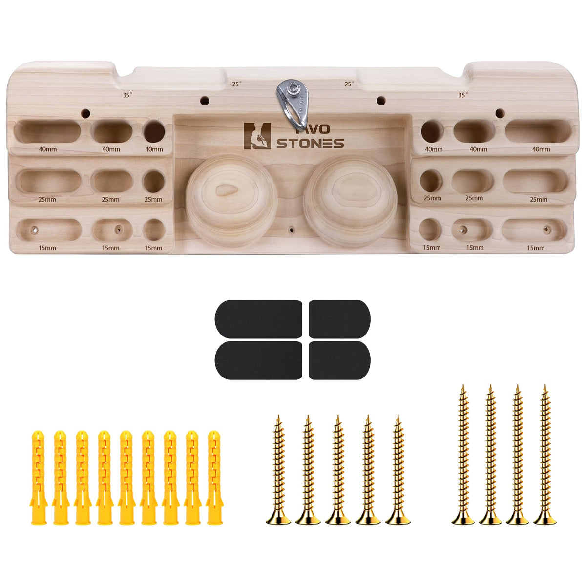 TWO STONES front view of hangboard showing all holds and ergonomic layout for varied training