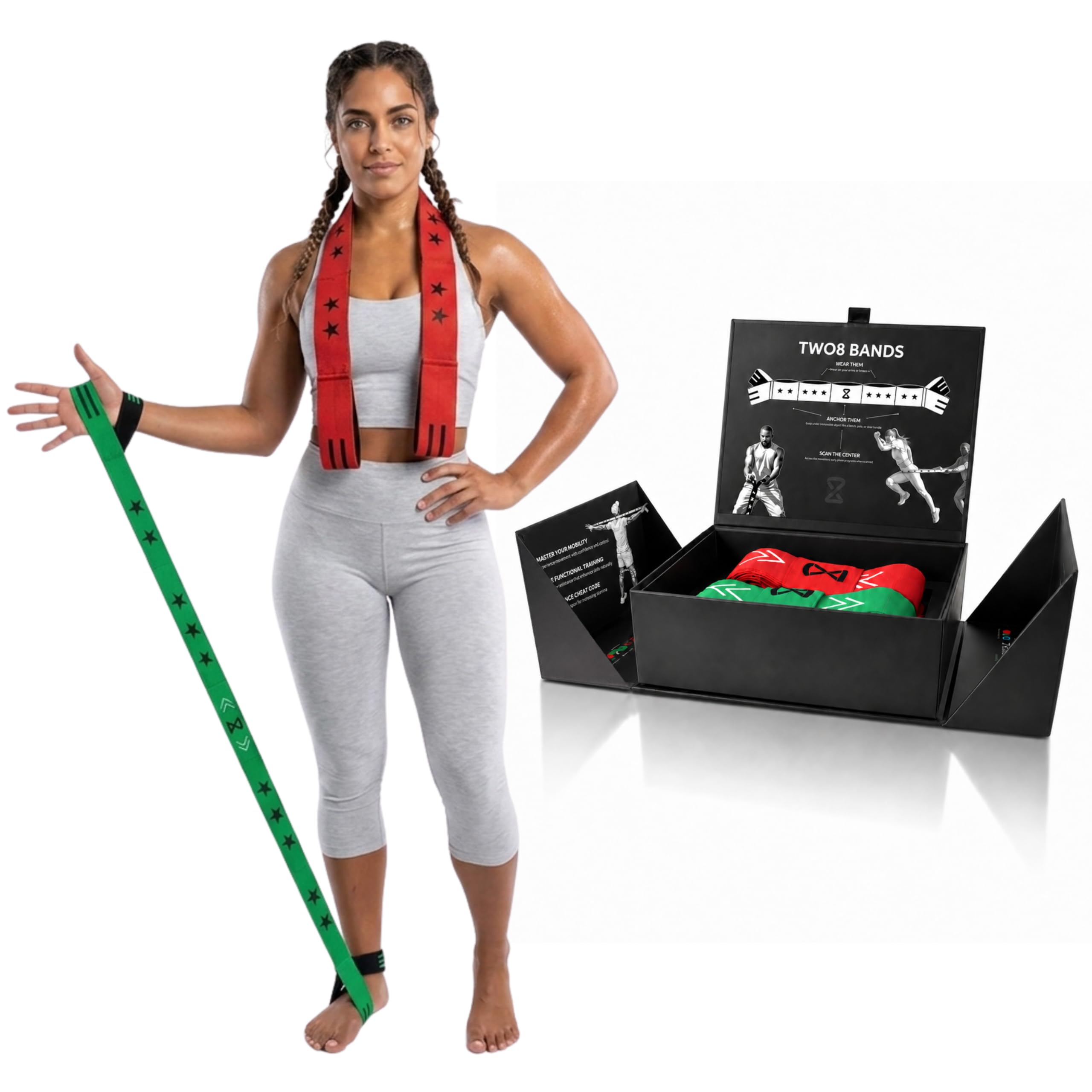 Two8 Bands front packaging showing band set and app access for convenient workouts