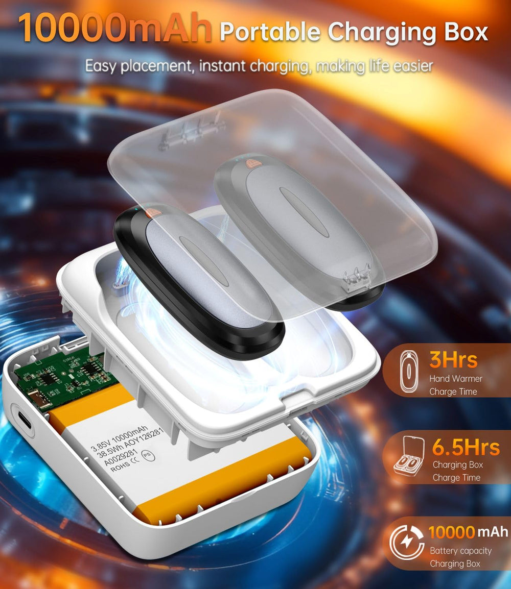 Tydse hand warmer next to a human hand illustrating slim profile and pocket-friendly size
