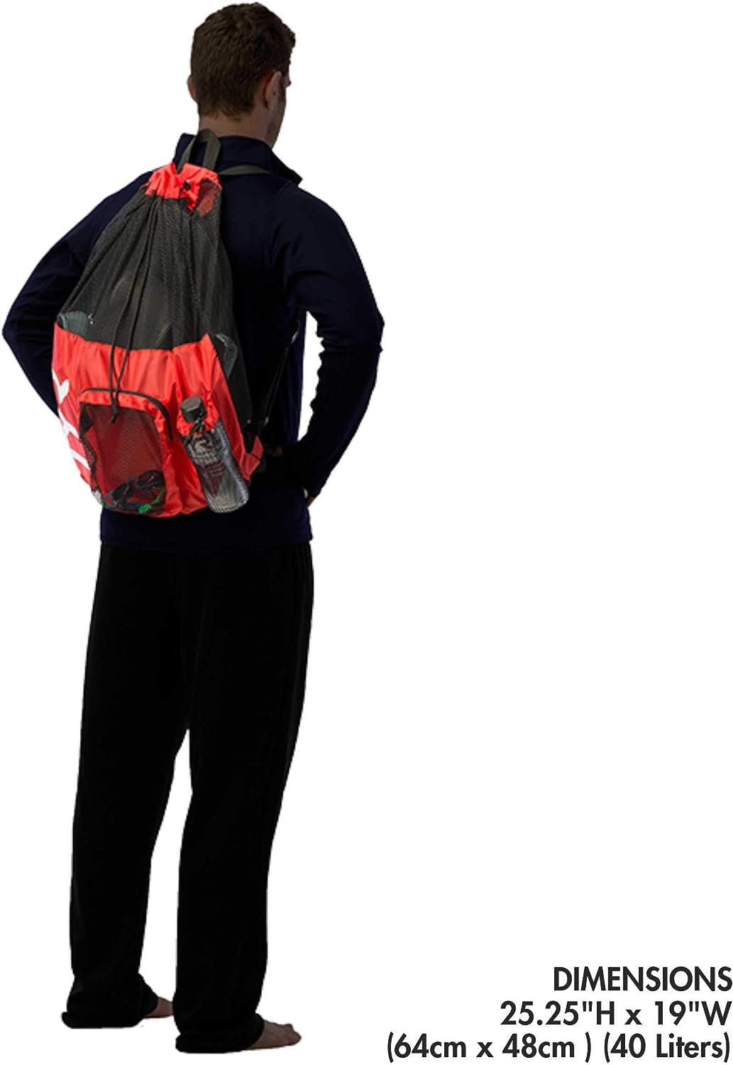TYR backpack next to fins and towel showing true-to-size capacity for swim training essentials