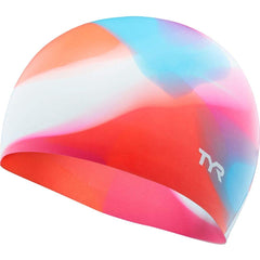TYR junior tie dye swim cap front view vibrant pink blue design for easy pool visibility