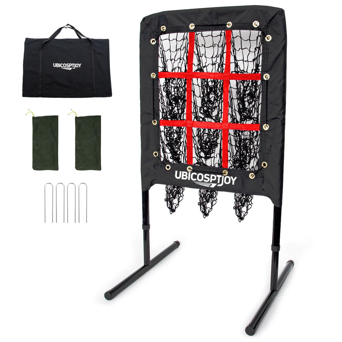 UbiCoSptJoy front view of 9-hole pitching net showing target clarity and portability benefit