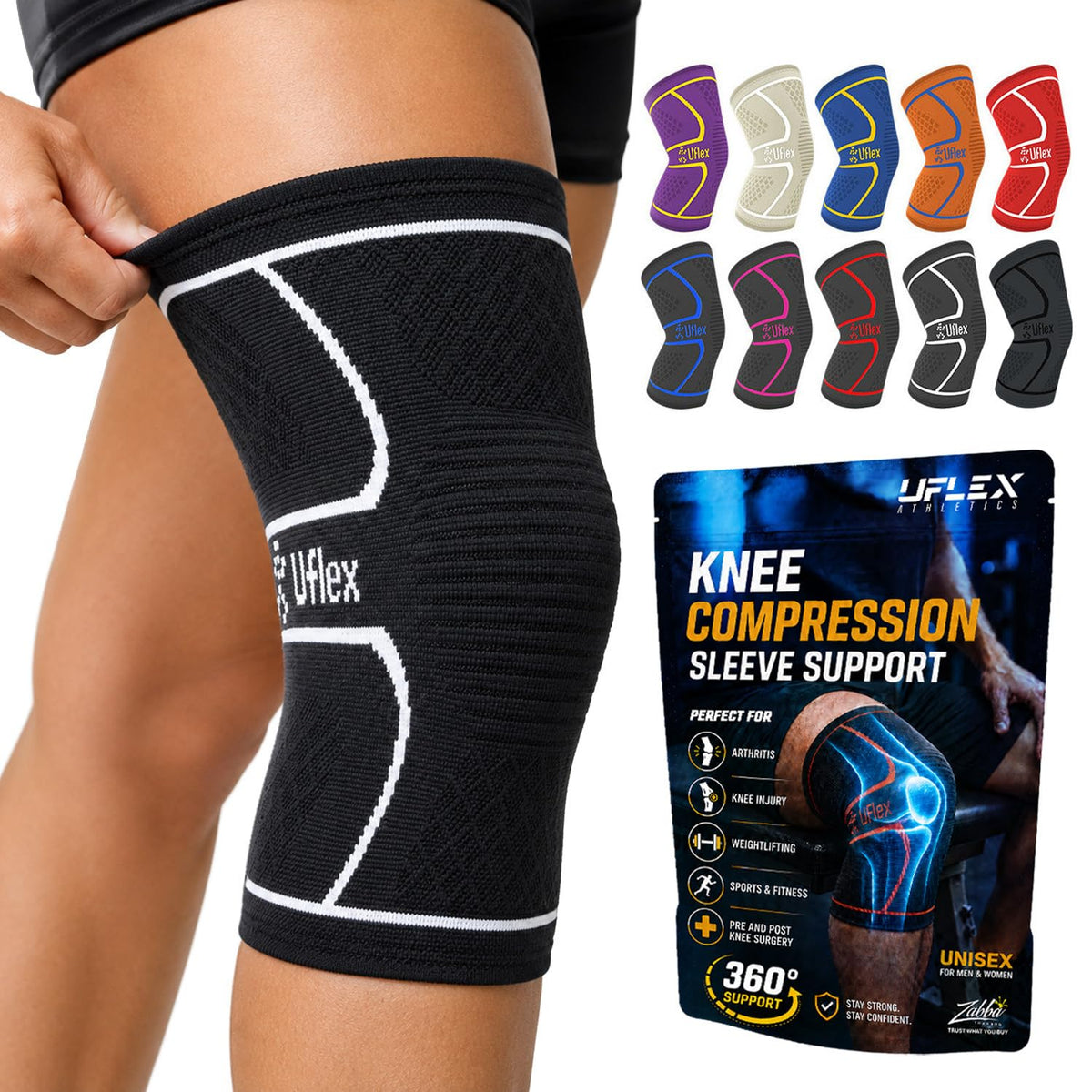 UFlex Athletics front view knee sleeve showing sleek black white design and supportive fit
