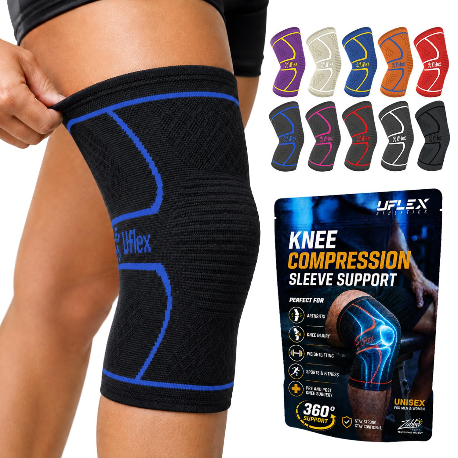 UFlex Athletics front view of blue knee sleeve showing fit and branding benefit support