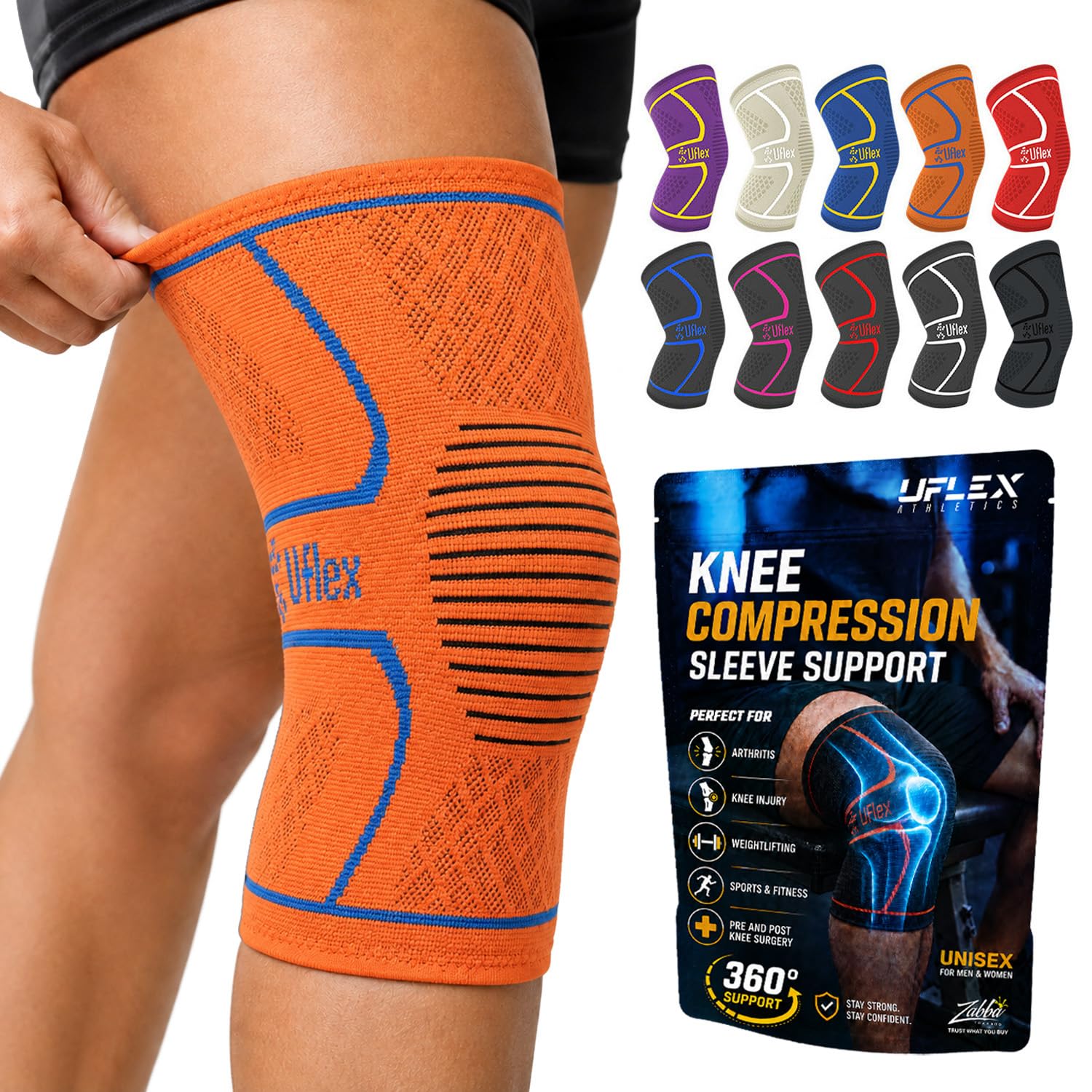 UFlex Athletics knee sleeve front view showing snug support and mobility