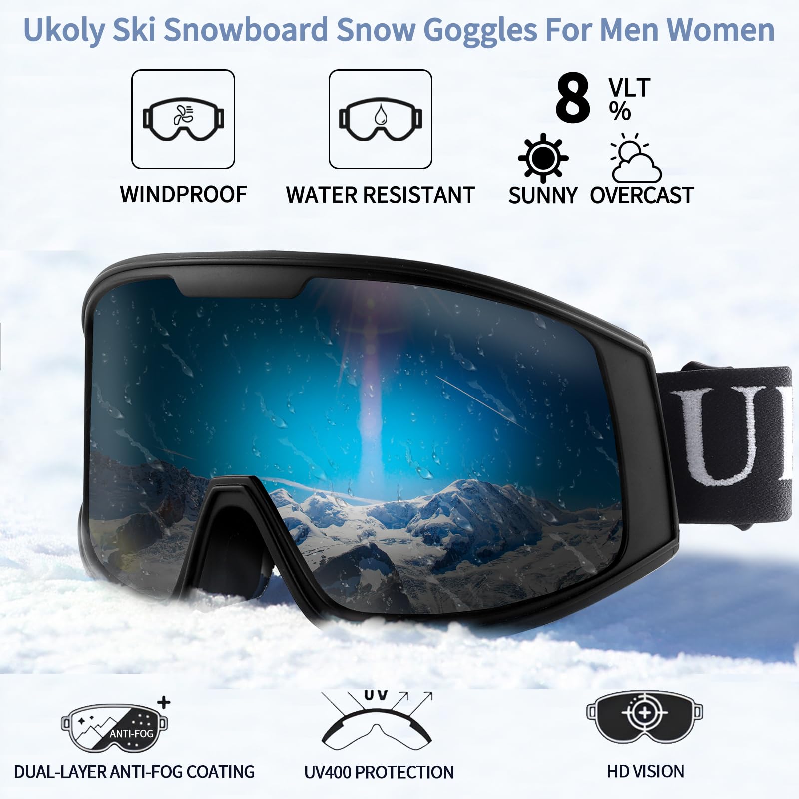 Ukoly goggles worn by skier demonstrating wind protection and visibility