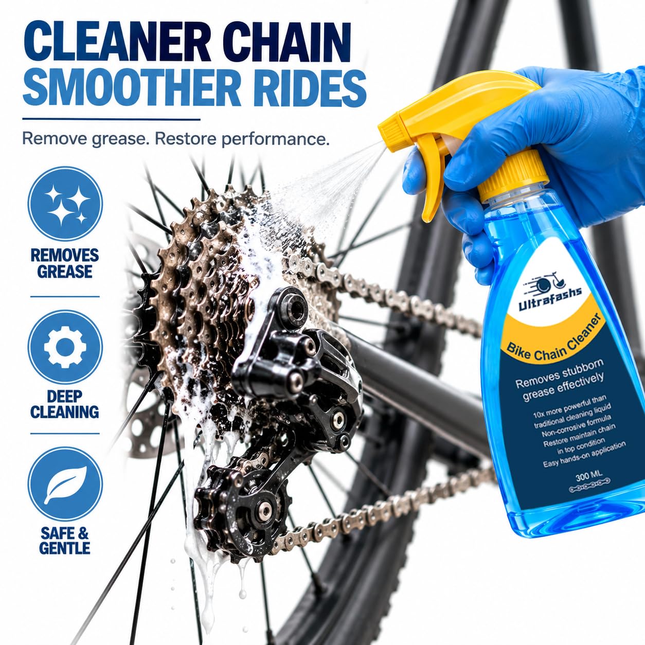 Ultrafashs degreaser bottle label visible, highlighting concentrated cleaning power