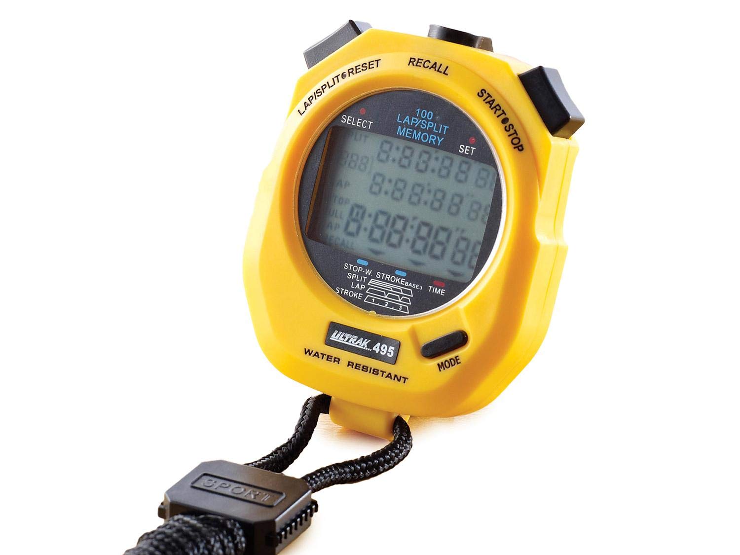 Ultrak stopwatch held in hand demonstrating portable size and easy grip