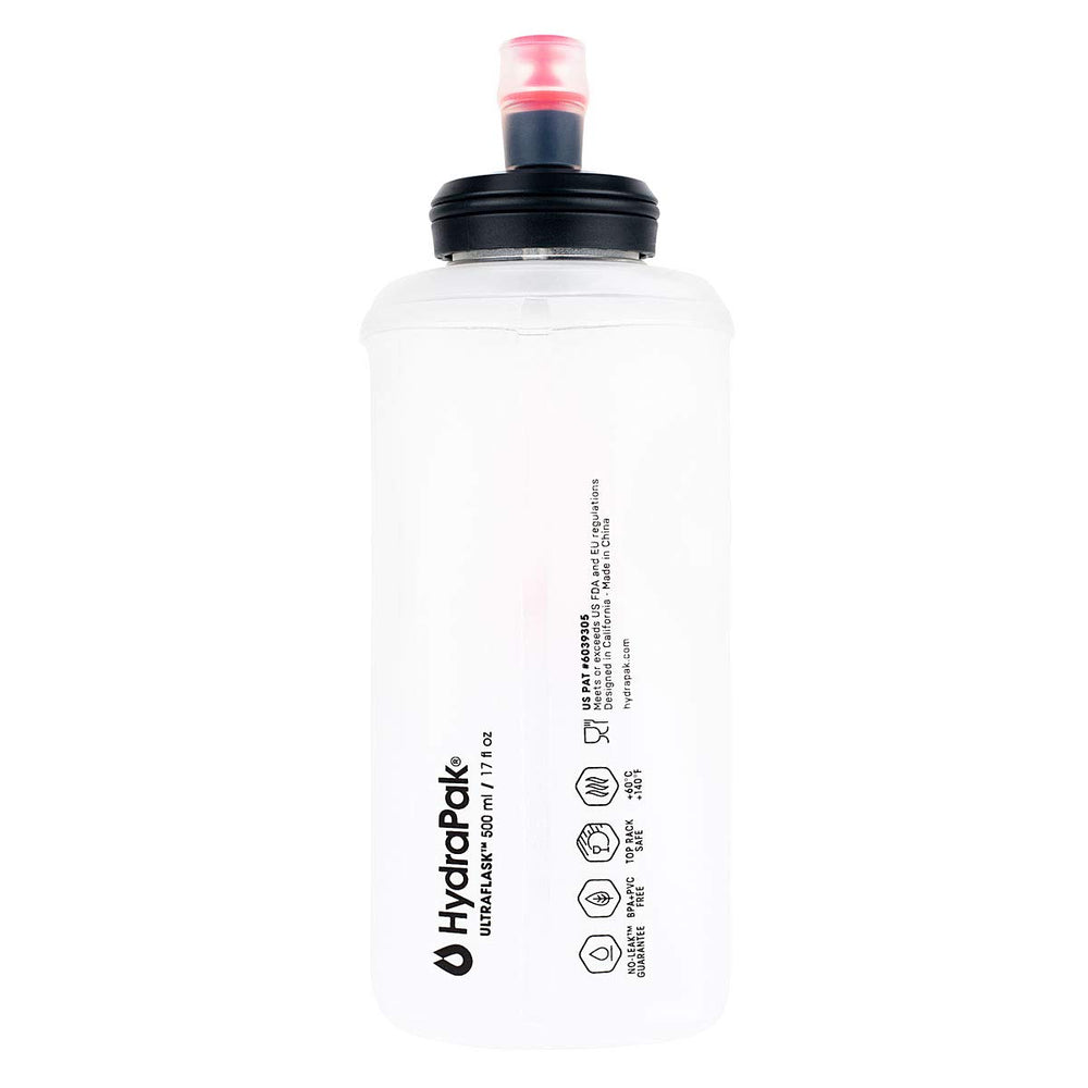 Ultraspire softflask in a hydration vest pocket demonstrating secure low-bounce carry