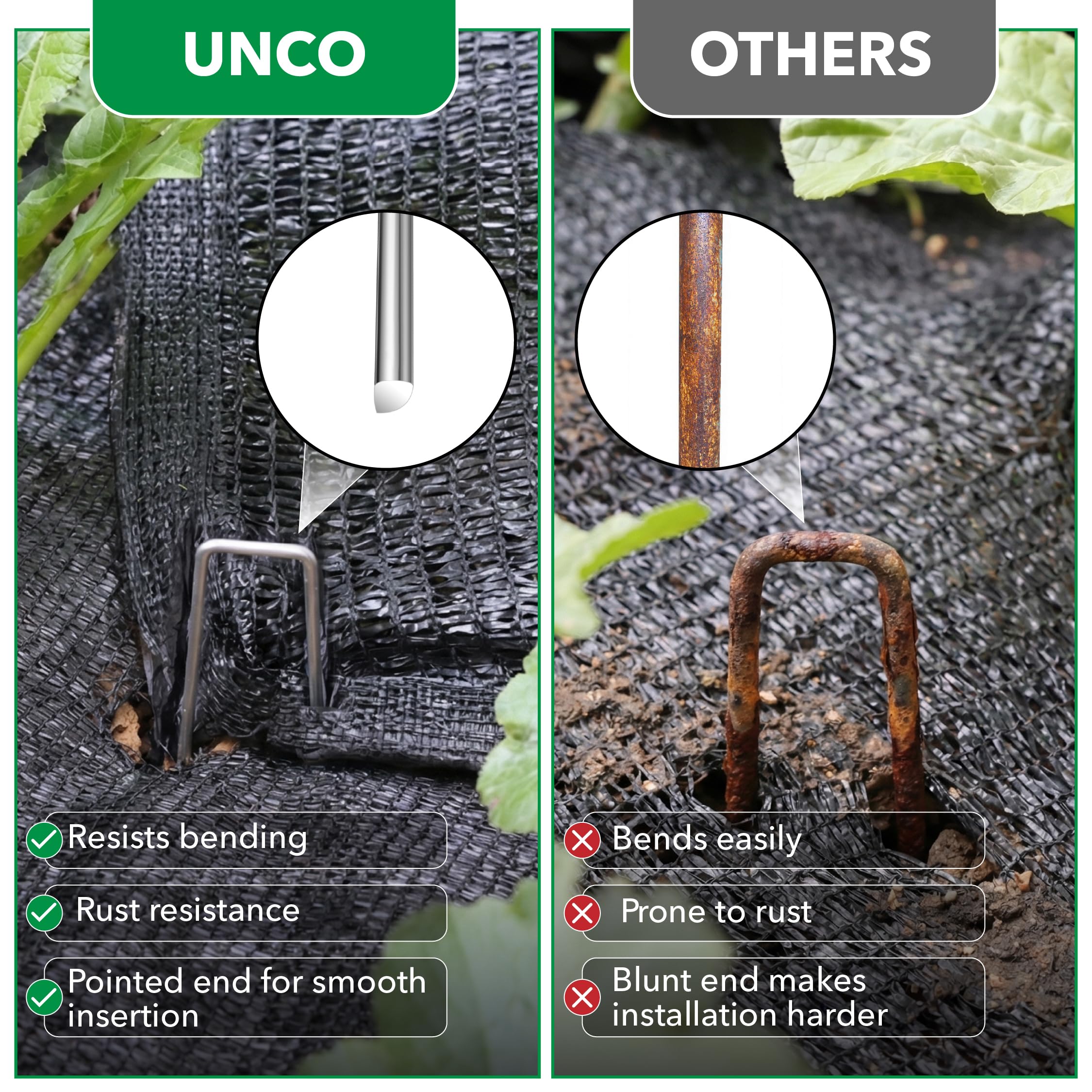 UNCO staple next to ruler showing 6-inch length for deep hold