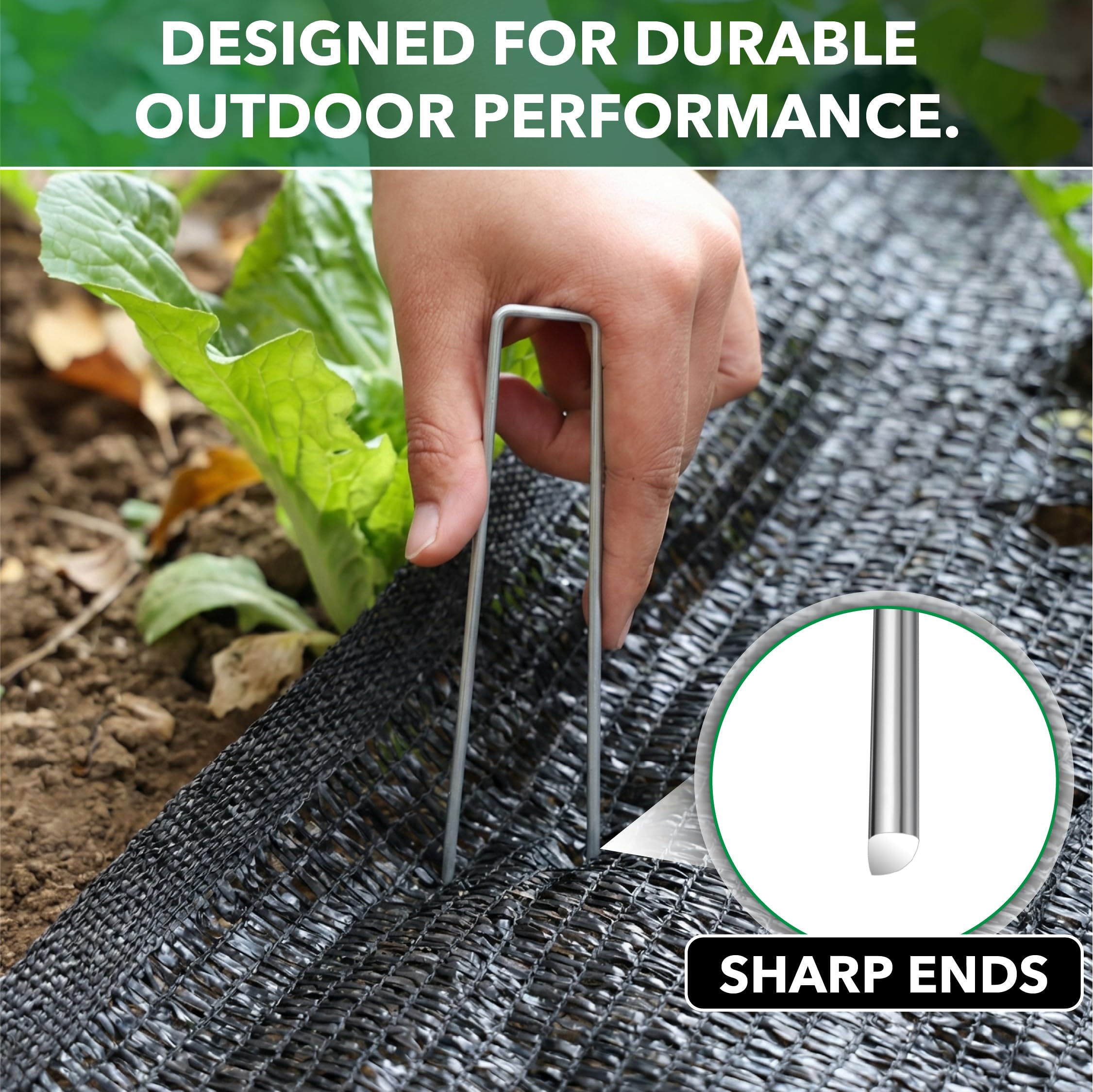 UNCO staple in use securing landscape fabric showing reliable hold