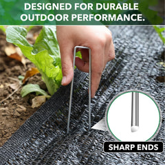 UNCO staple in use securing landscape fabric showing reliable hold