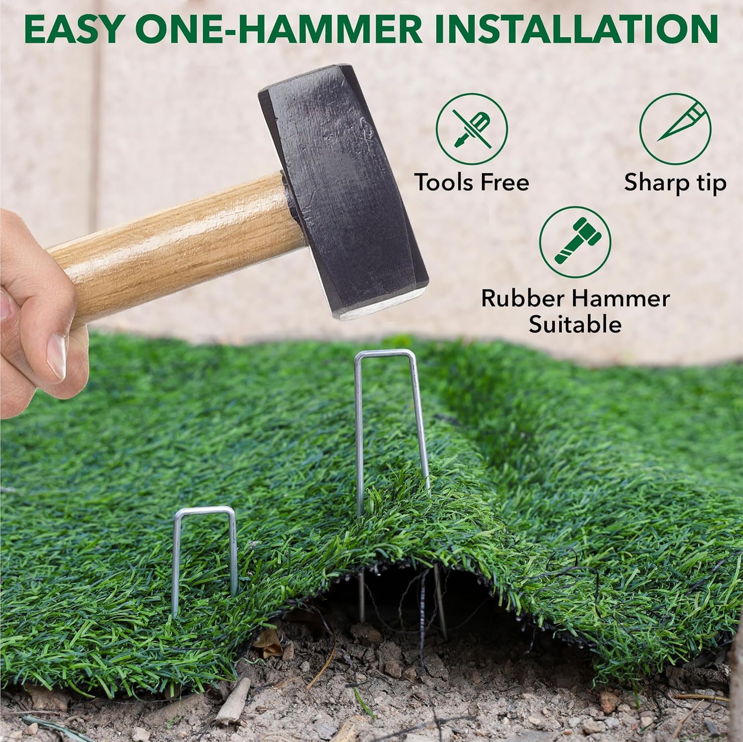 UNCO staple installed in sod showing secure anchoring benefit