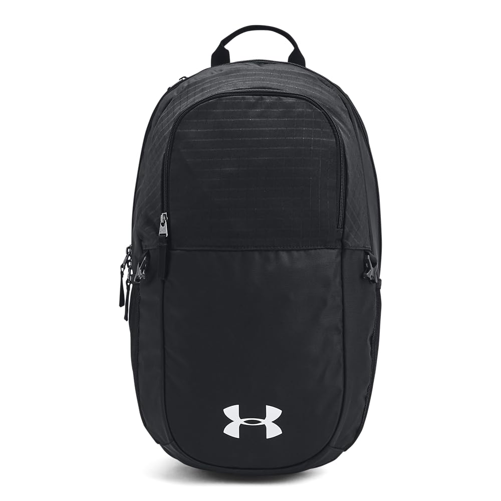 Under Armour backpack front view in 001 BLACK showing UA Storm finish for weather protection
