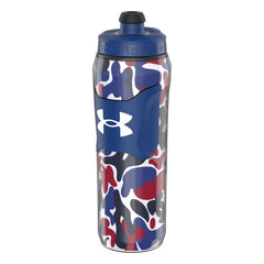 Under Armour bottle front view showing royal hypercamo and capacity benefit